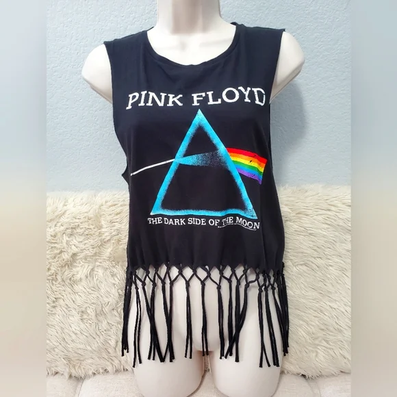 H&M DIVIDED- PINK FLOYD Dark Side Of The Moon, Fringed,Hippie crop Sz S